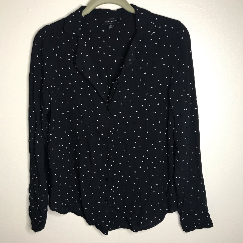 Lucky brand black long sleeve heart pattern blouse